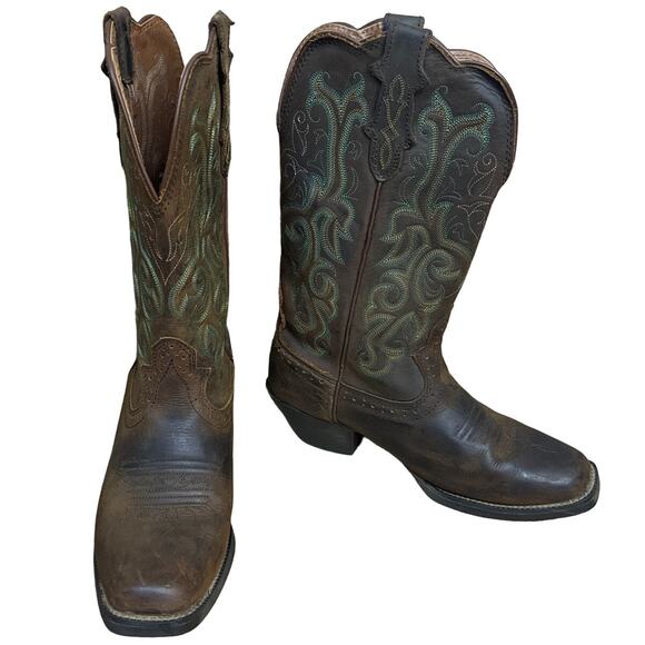 Justin Stampede Durant Western Cowboy Boots Square Toe Sorrel Brown SZ 7 - Picture 1 of 12